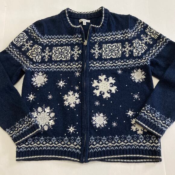 Croft & Barrow Fair Isle Embroidered Snowflakes Winter Sweater Cardigan Sz Med - Picture 1 of 9
